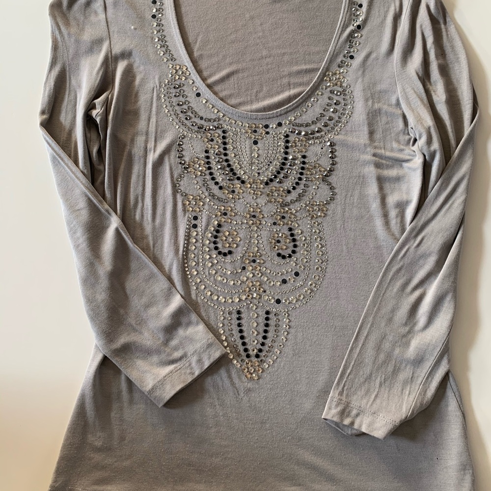 Cache long sleeve crystal embellished cotton top.